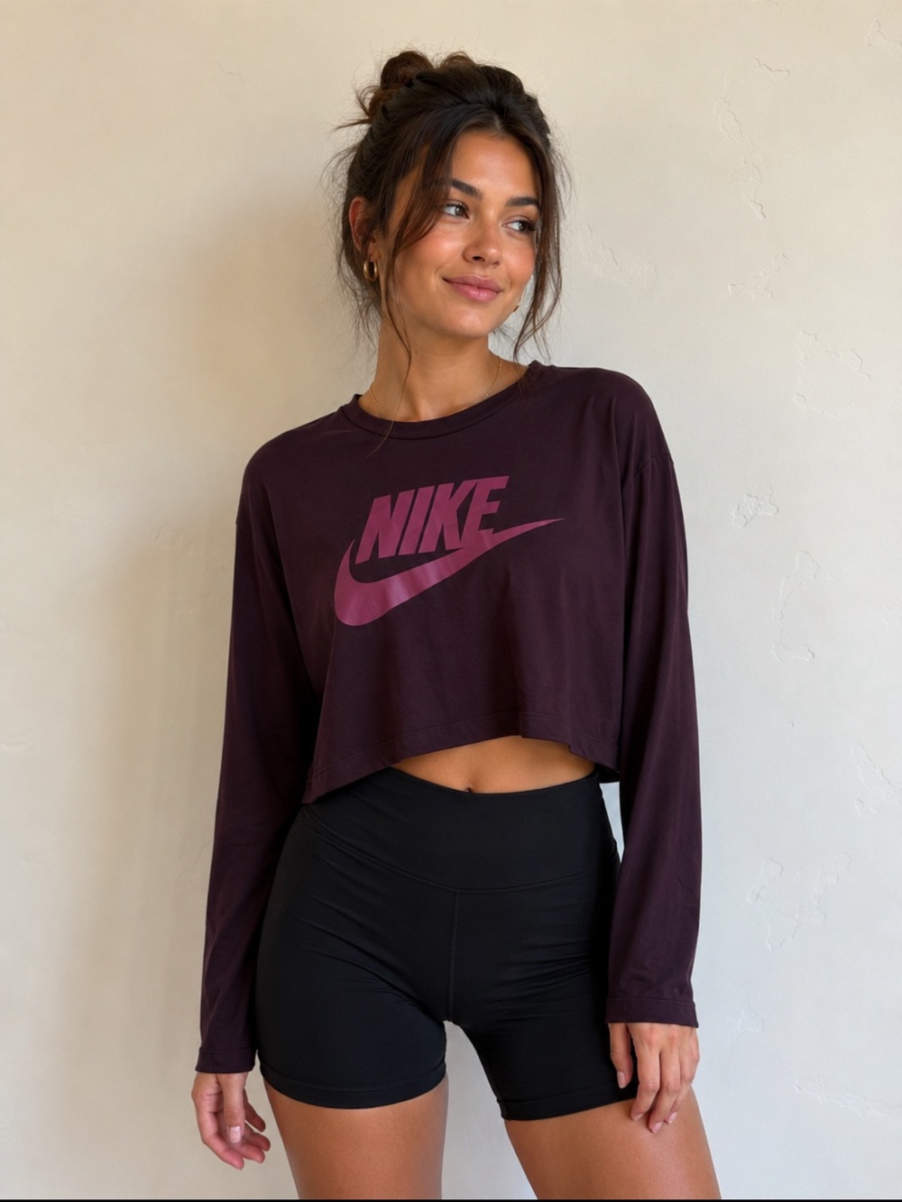 NIKE Purple Swoosh Logo Long Sleeve Cropped Super Soft Top